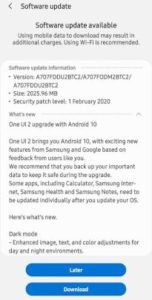 samsung galaxy a70s software update