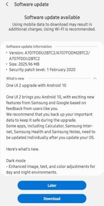 upgrade samsung galaxy a70s official android 10 update